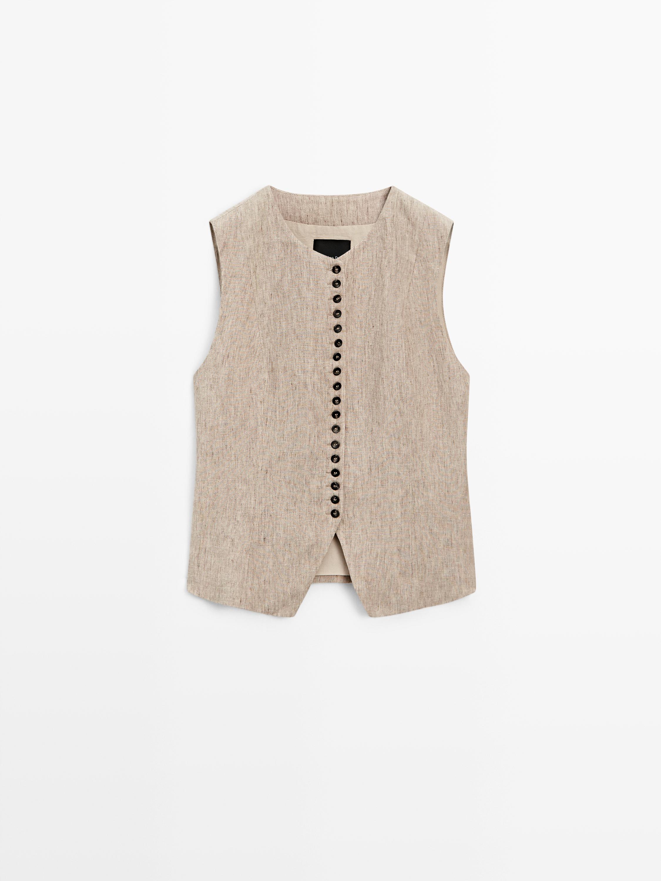 Veste sans manches mélangée détails boutons lin