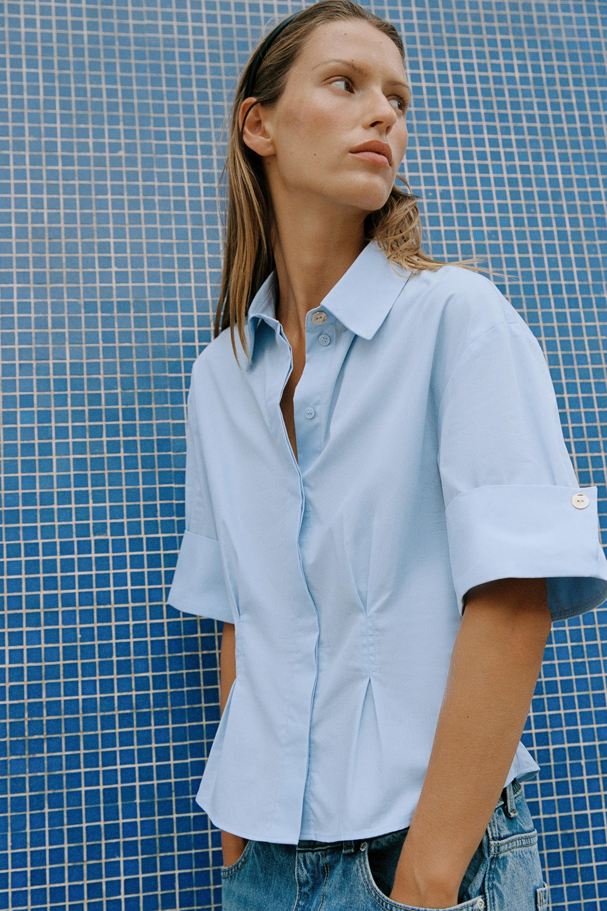 Женские рубашки Zara PLEATED SHORT SLEEVE SHIRT — фото 6