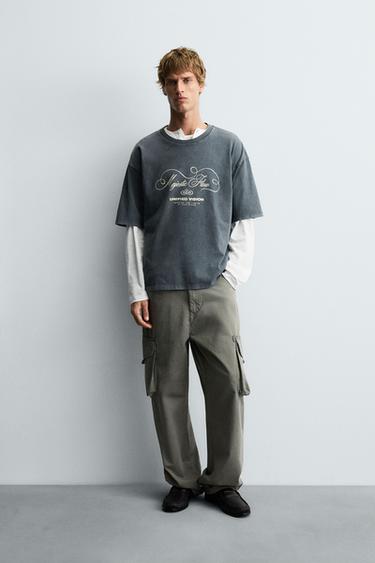 WASHED SLOGAN PRINT T-SHIRT - Light grey by Zara