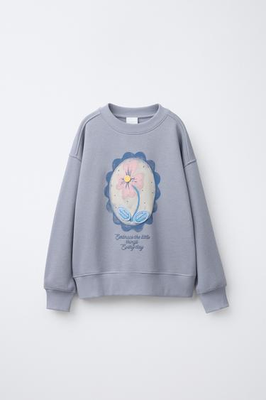 FLORAL PRINT SWEATSHIRT WITH CROCHET DETAIL - Mid-grey by Zara - Image 0