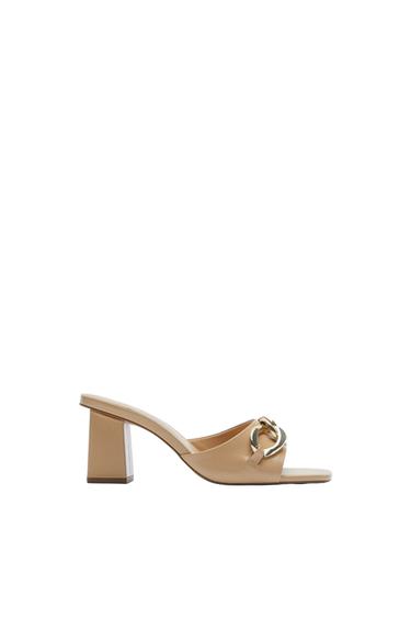 LEATHER BLOCK HEEL MULES WITH CHAIN