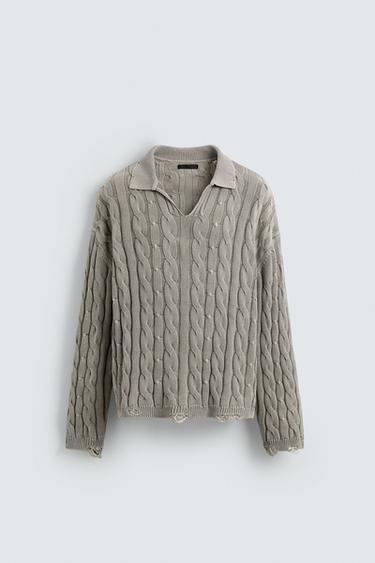 CABLE KNIT POLO SHIRT WITH DISTRESSED EFFECT - Pearl grey by Zara - Image 6