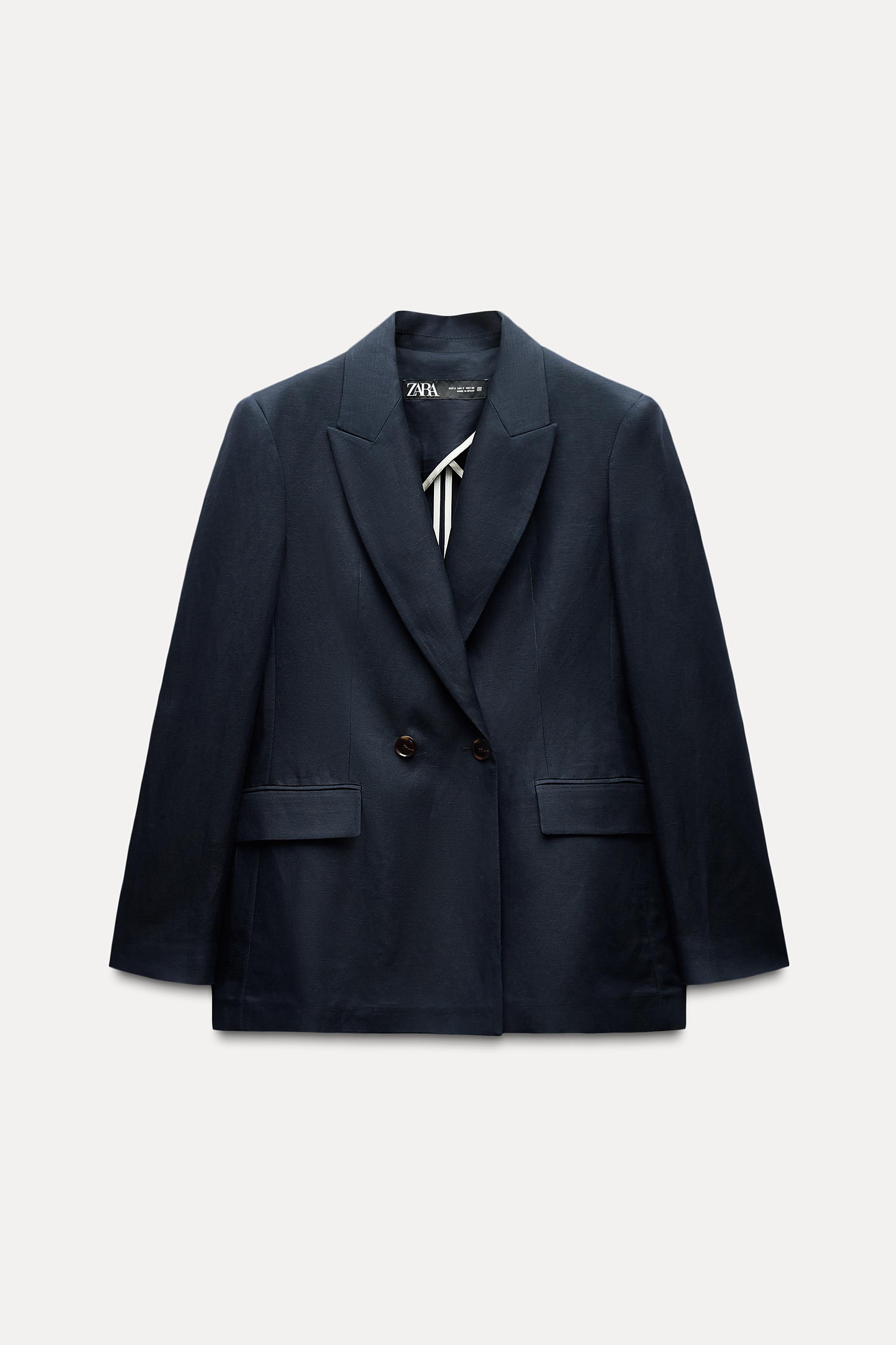 BLAZER A BOUTONNAGE CROISE AVEC LIN Bleu marine ZARA France