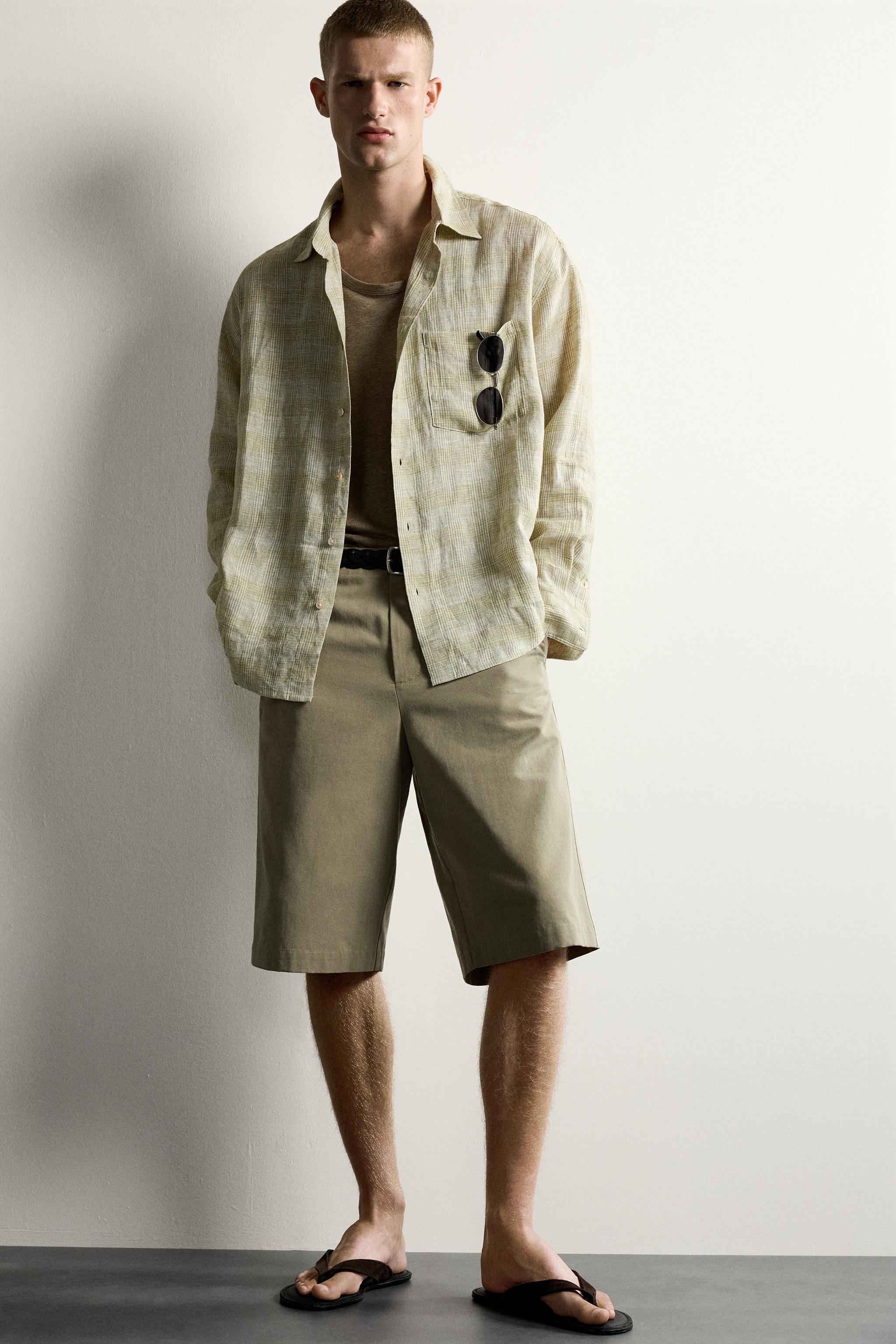Мужские рубашки Zara 100% LINEN PLAID RELAXED FIT SHIRT — фото 5