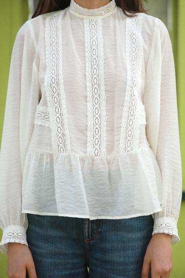 LACE TRIM BLOUSE - Oyster-white by Zara - Image 2