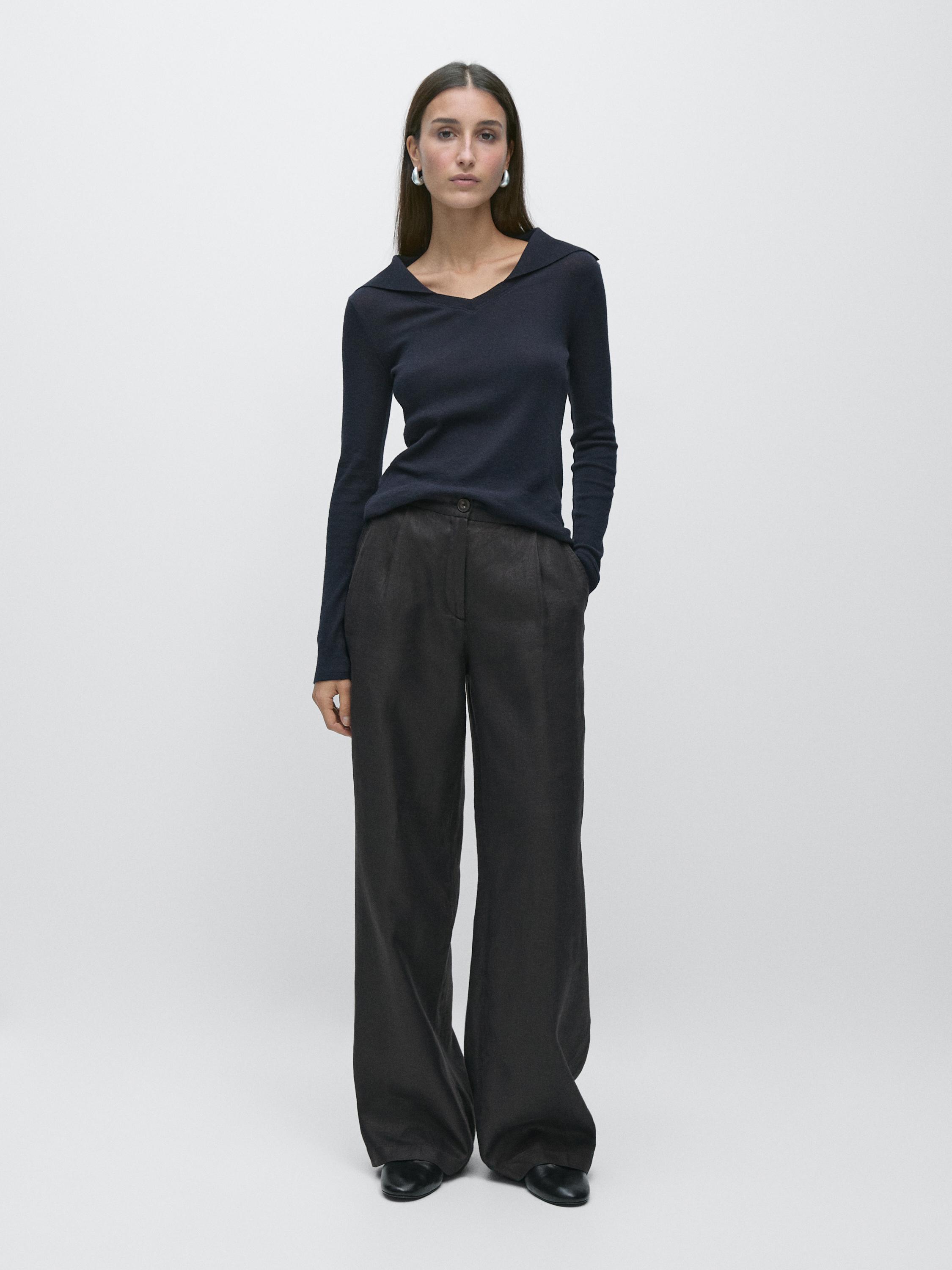 100% linen wide-leg elasticated trousers