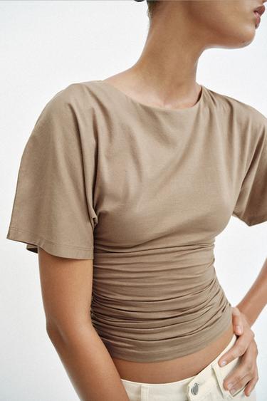 DRAPED SHORT SLEEVE T-SHIRT - Mid-camel by Zara - Image 3