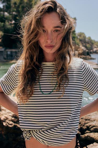 Zara 手工藝術風格棉質 T 恤 - 條紋