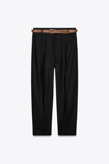 PANTALON RECTO CON LINO CINTURÓN - Negro de Zara