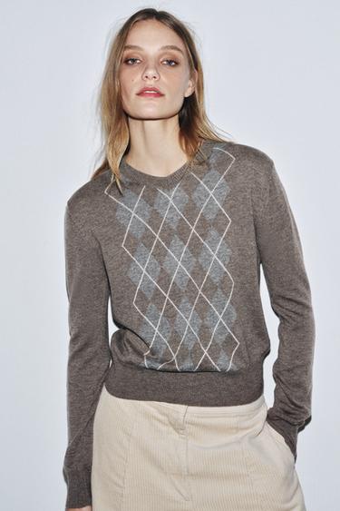 Zara DIAMOND PATTERN WOOL SWEATER - brown vigore