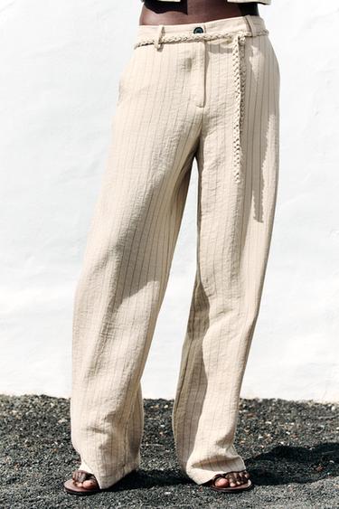 PANTALON RAYÉ CEINTURE TRESSÉE - Sable de Zara - Image 1