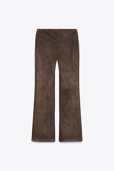 STADDED FAUX SUEDE FLARE TROUSERS - Chocolate by Zara