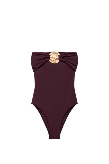 ثوب سباحة بتصميم Bandeau بقطعة معدنية - بني الخاص بـ Zara