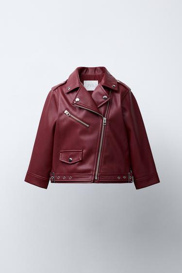 CAZADORA BIKER EFECTO PIEL HEBILLAS - Burgundy de Zara