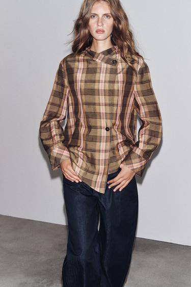 ZW COLLECTION OVERSIZE CHECK OVERSHIRT - Pastel pink by Zara