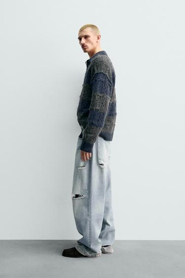 STRIPED JACQUARD KNIT POLO SHIRT - Anthracite grey by Zara - Image 3