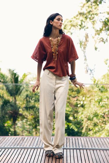 LACE TRIM LINEN BLEND TOP - Terracotta by Zara - Image 4
