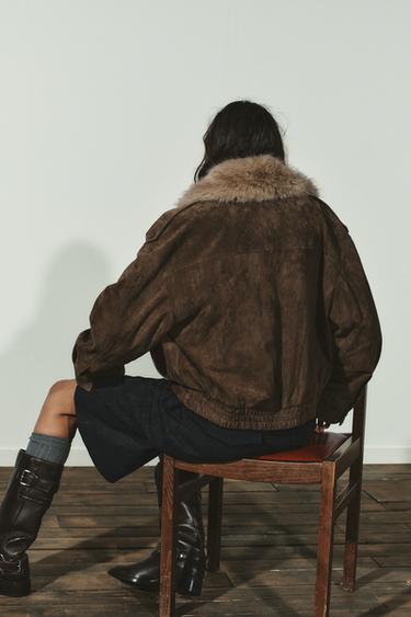BLOUSON EN CUIR 100% DAIM AVEC EFFET FOURRURE - Kaki de Zara - Image 3