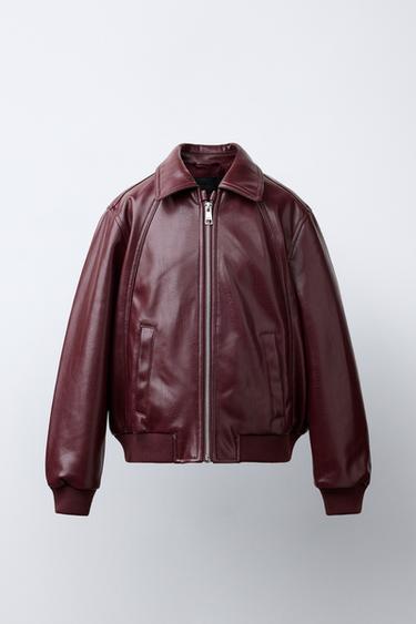 Zara FAUX LEATHER BOMBER JACKET - Burgundy - Image 0