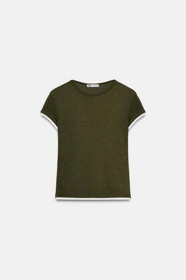 Zara CONTRAST PIPING T-SHIRT - Dark khaki