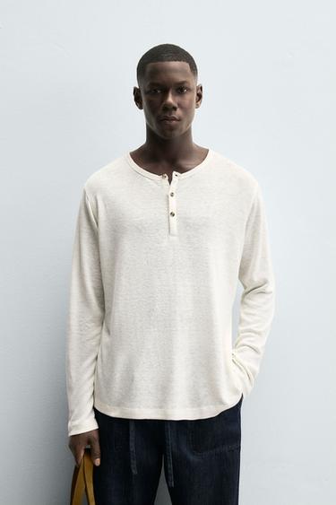 Zara HEMP-VISCOSE HENLEY COLLAR T-SHIRT - Ecru