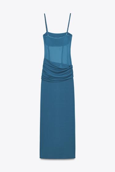 LANGES KLEID MIT TÜLL-MATERIALKOMBINATION - Blau von Zara