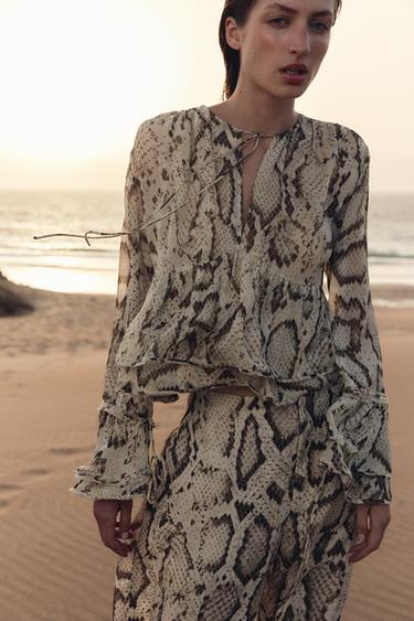 Zara ZW COLLECTION ANIMAL PRINT BLOUSE - Khaki
