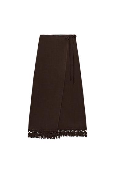 FRINGED PAREO MIDI SKIRT - Brown by Zara