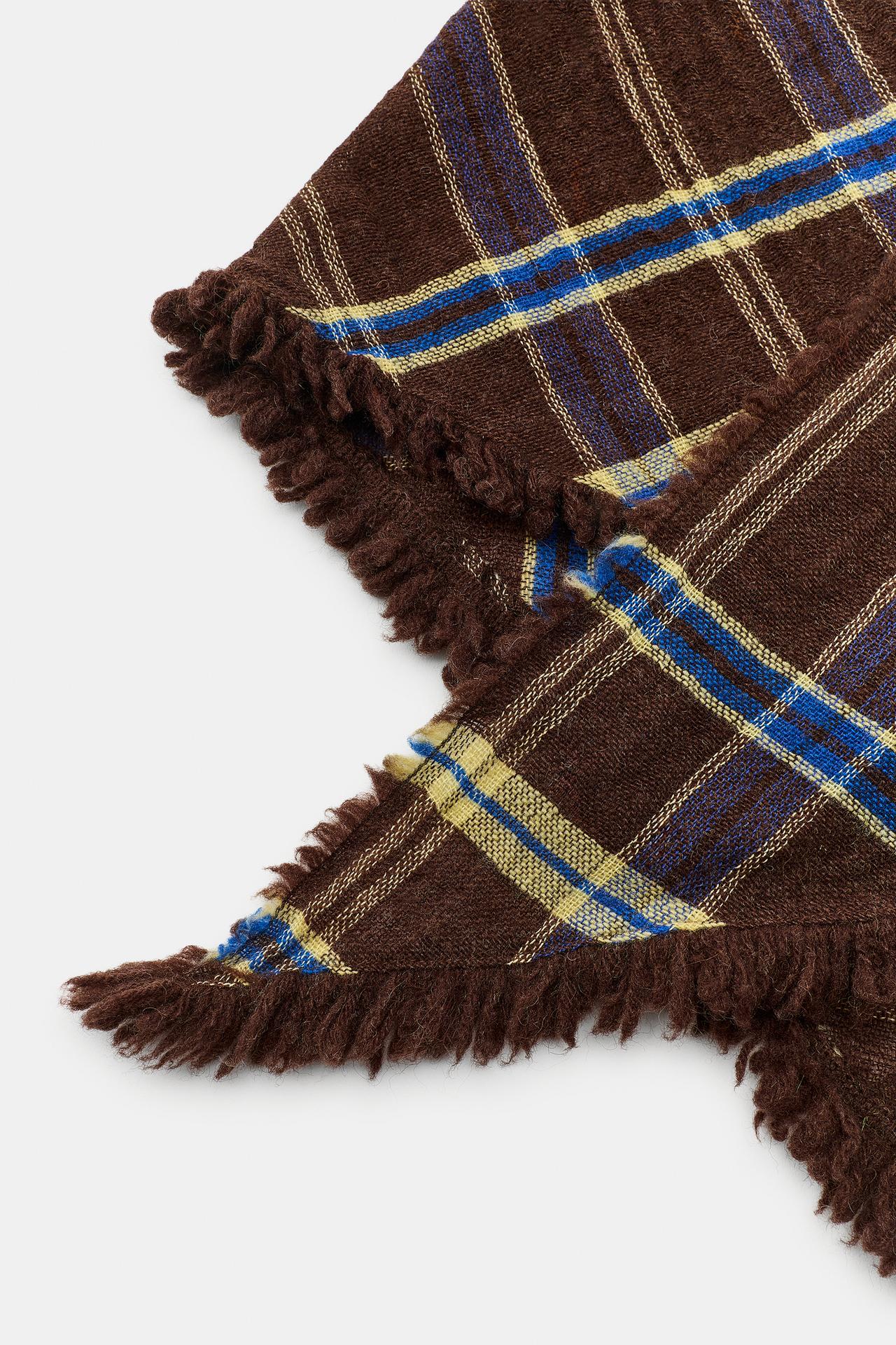 WOOL BLEND PLAID TRIANGULAR SCARF — Brown