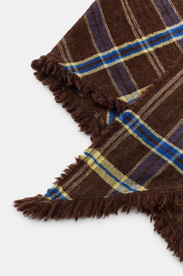 WOOL BLEND PLAID TRIANGULAR SCARF — Brown 2