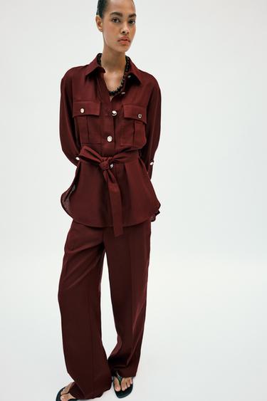 CHAQUETA SAFARI CON LINO CINTURÓN - Burgundy de Zara - Imagen 0