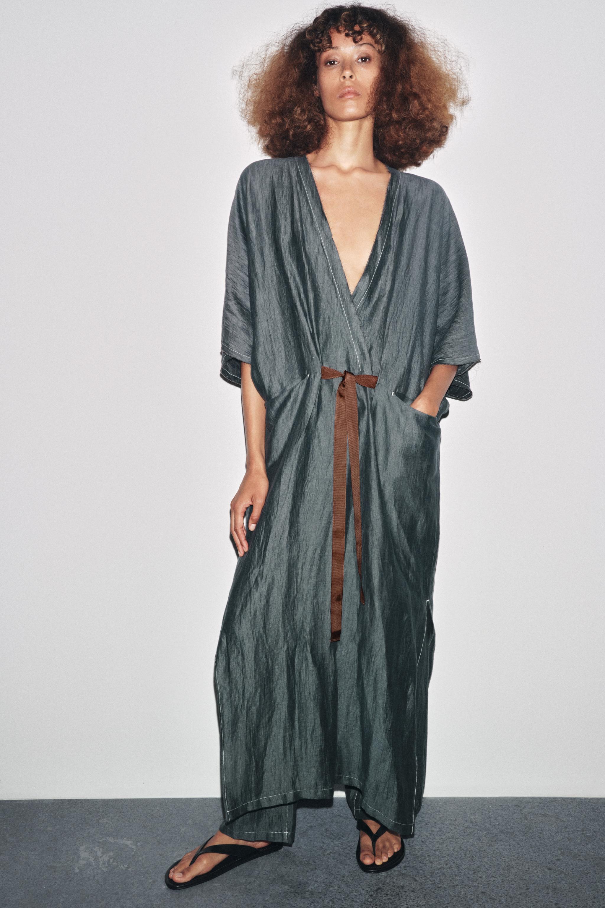 SUKIENKA Z LNU Z KONTRASTOWĄ SZARFĄ - Zielono-niebieski | ZARA