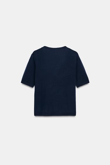 100% EXTRA FINE WOOL SHORT SLEEVE CARDIGAN - Navy blue by Zara - Image 4