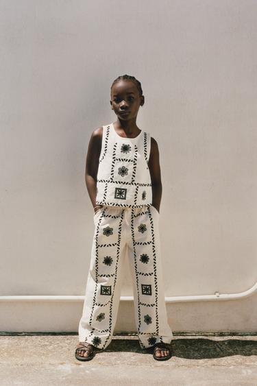 PANTALÓN BORDADOS CON LINO - Crudo / Negro de Zara