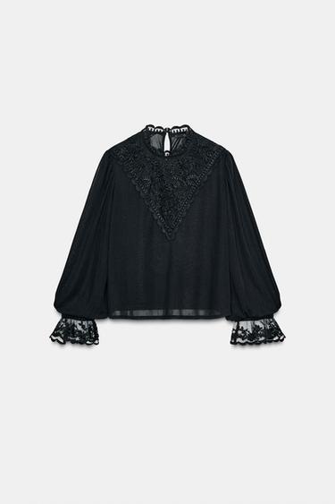 EMBROIDERED LONG SLEEVE TOP - Black by Zara