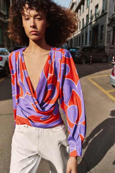 Zara PRINTED SATIN EFFECT SHIRT WITH SHOULDER PADS - Multicolored