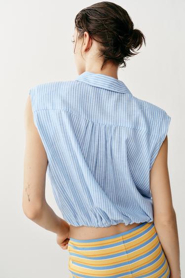 CHEMISE COURTE À RAYURES AVEC ÉPAULETTES - Bleu / Blanc de Zara - Image 4