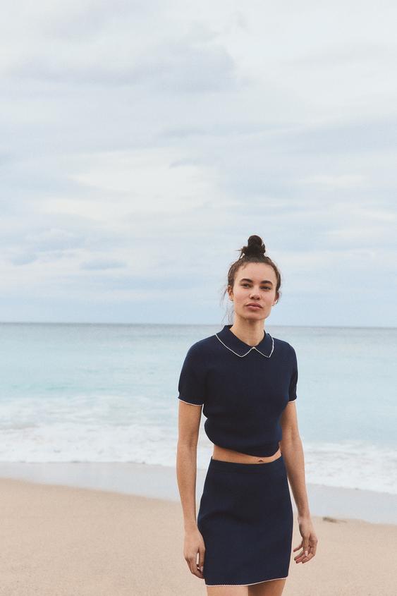 トリム付きミニニットスカート - ネイビーブルー | ZARA Japan / 日本 