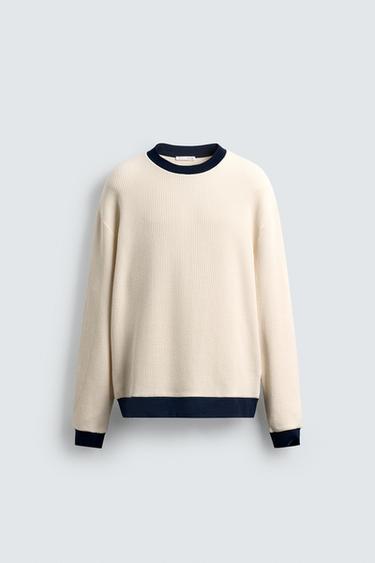 Zara CONTRAST WAFFLE SWEATSHIRT - Ecru