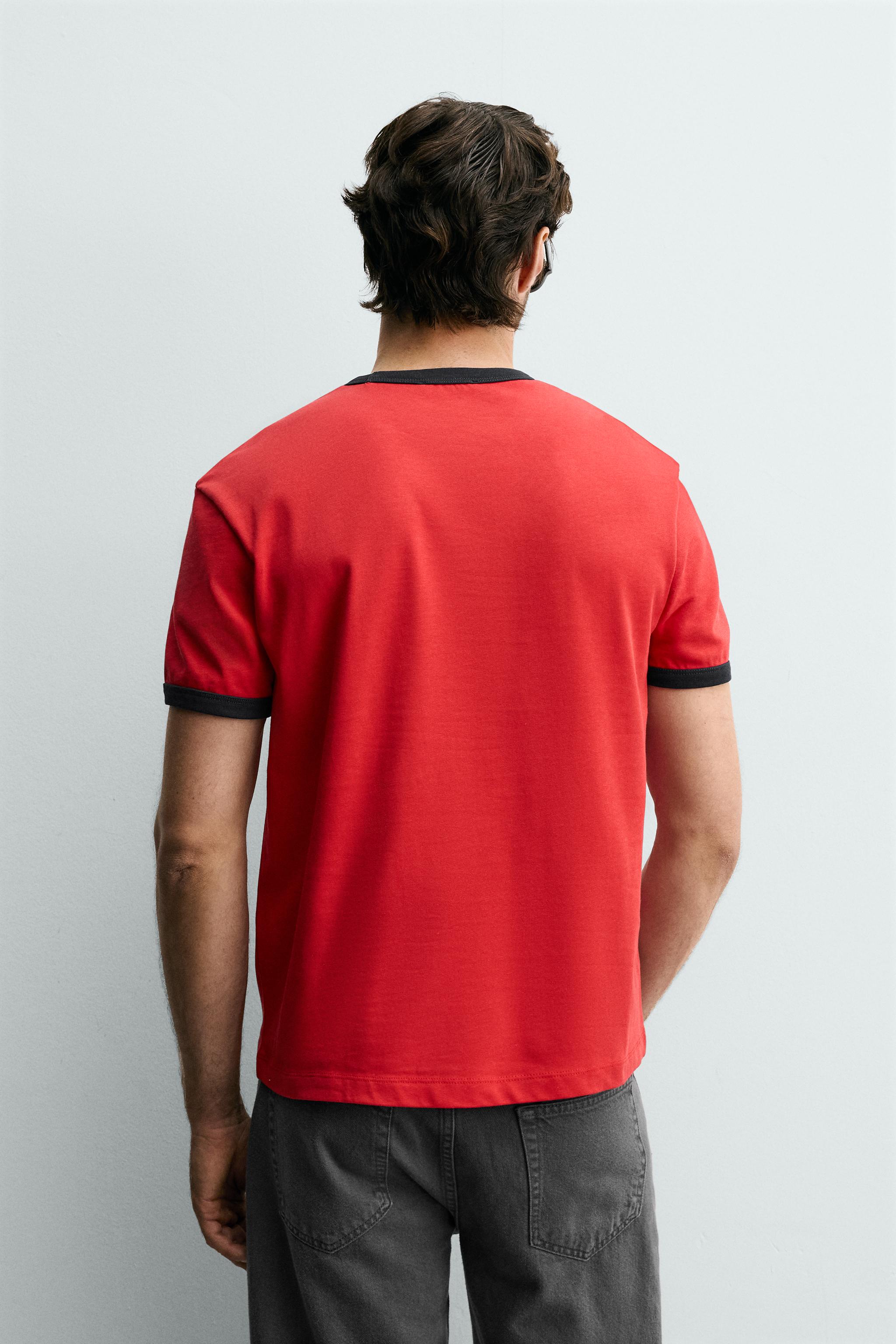RINGER CONTRAST RIB TEXT T-SHIRT - Red | ZARA United States