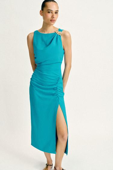ROBE MI-LONGUE DRAPÉE À DÉCOR DORÉ - Turquoise de Zara - Image 2