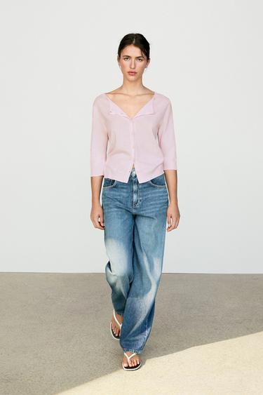Cardigan en coton mélangé à col bateau -  de Zara
