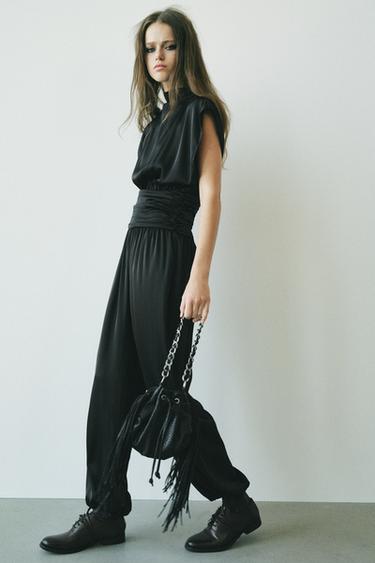 Zara SATIN CUMMERBUND JUMPSUIT - Black