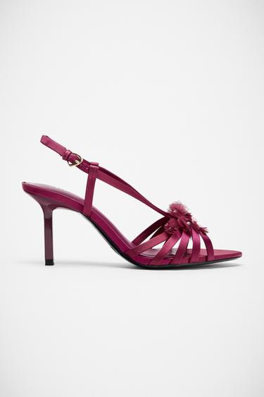 Zara SATIN EFFECT FLORAL HEELED SANDALS - Burgundy Red