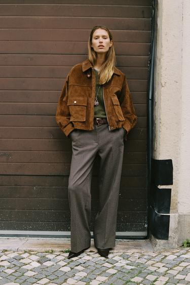 Zara STRAIGHT-LEG PLAID BELTED PANTS - Brown / Ecru