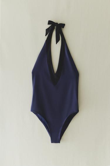 MAILLOT DE BAIN DE PLAGE HALTER À NŒUD - Bleu moyen de Zara