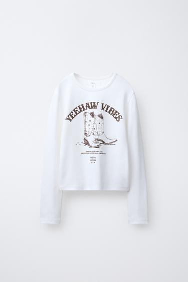 Zara COWGIRL TEXT T-SHIRT - White