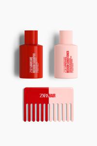 Shampoo- und Sp&uuml;lungsflaschen in Rot- und Rosat&ouml;nen mit der Aufschrift &bdquo;ZARA HAIRCARE MEDIUM&ldquo; und einem Kamm in zwei Farben, Rot und Rosa, mit dem Text &bdquo;ZARA HAIR&ldquo;.