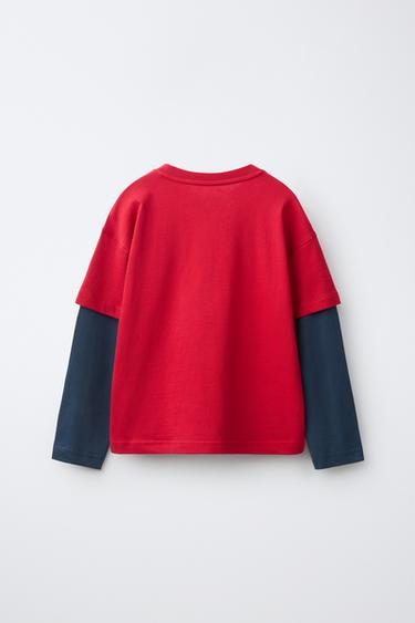 DOUBLE-SLEEVE TEXT T-SHIRT — Red 2