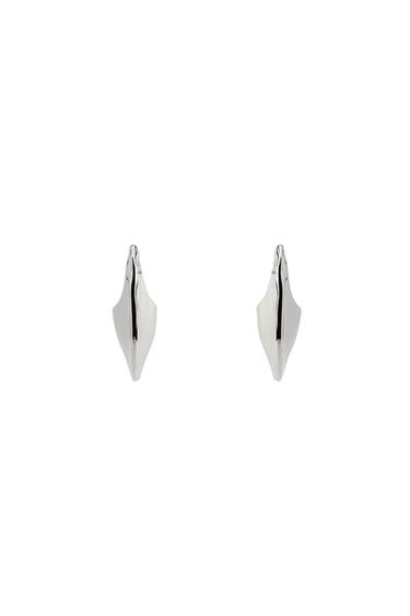 Front view of silver irregular half-hoop earrings with textured detail and butterfly backs.
